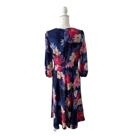 Eliza J Spring Winter Chic Floral Print Faux Wrap Tie Waist Midi Dress Navy - Picture 3 of 10